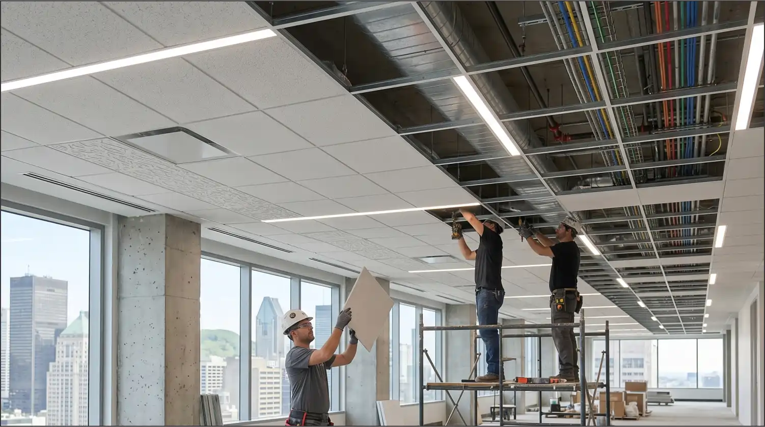 Installation de faux plafonds dans des bureaux à Montréal.