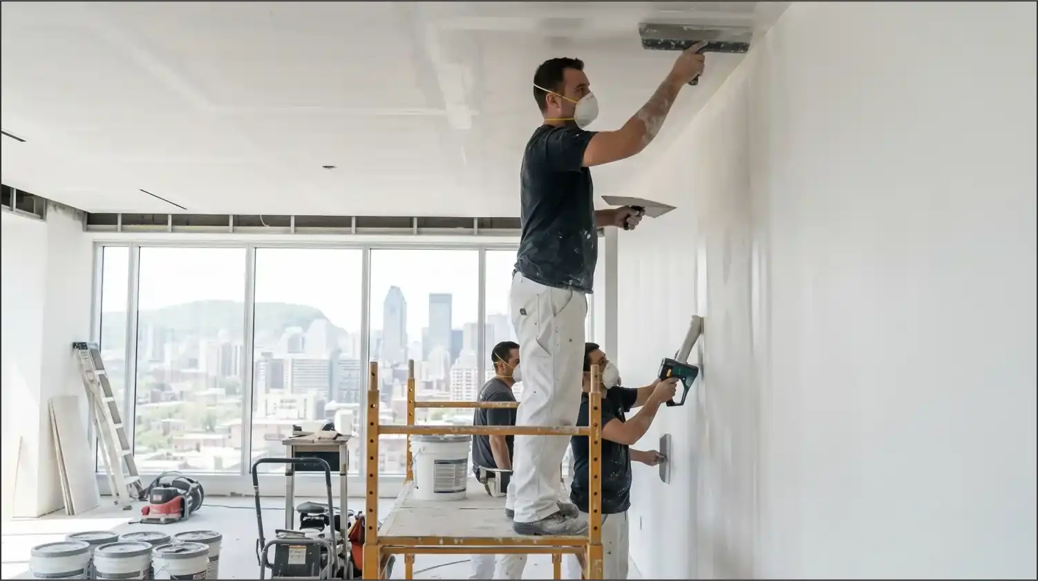 Travail de jointage précis sur murs lisses.